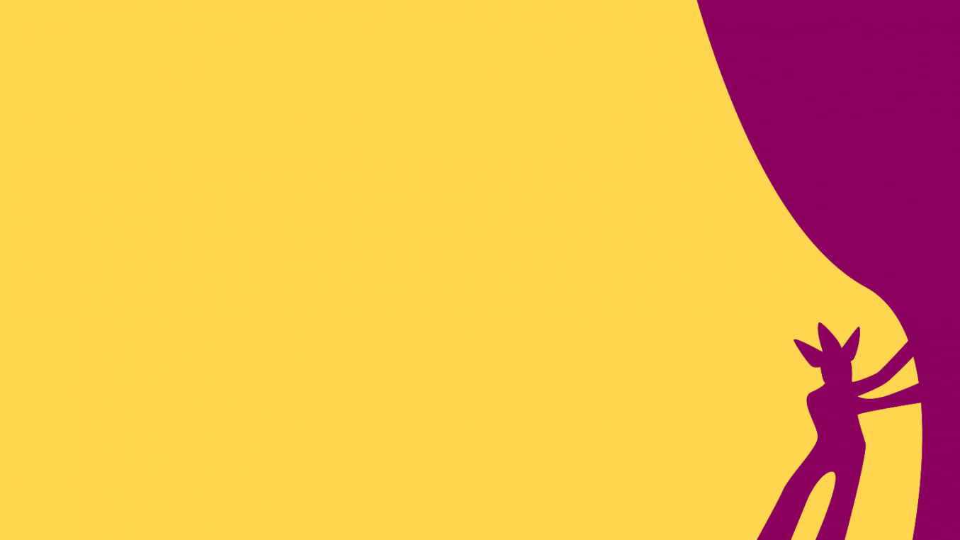 Kirkkaankeltainen kuva, jonka oikeassa laidassa purppuranvärinen ihmishahmo, joka vetää esirippua sivuun.